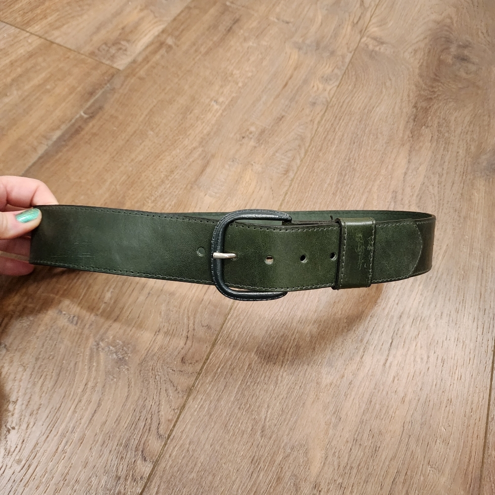 Vintage Forest Green Glazed Aniline Leather Wide Belt Naturally Distressed 30 - Picture 2 of 8
